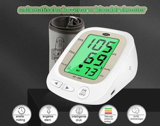 Cofoe Bloeddrukmeter - Bloeddrukmeter Bovenarm - Digitale Hartslagmeter Met Engelse Stemfunctie - 3 Kleur Lcd Monitor - Dubbele Voedingsmethoden - 4 AA-Batterijn (NIET INBEGREPEN) - Normaal Armband 23-33cm - Wit 3 Cofoe Bloeddrukmeter - Bloeddrukmeter Bovenarm - Digitale Hartslagmeter Met Engelse Stemfunctie - 3 Kleur Lcd Monitor - Dubbele Voedingsmethoden - 4 AA-Batterijn (NIET INBEGREPEN) - Normaal Armband 23-33cm - Wit