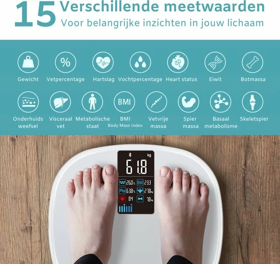 Multifun Slimme Weegschaal Met App - Luxe Lichaamsanalyse Personenweegschaal - Bluetooth - IOS En Android - Incl. Batterijen 5 Multifun Slimme Weegschaal Met App - Luxe Lichaamsanalyse Personenweegschaal - Bluetooth - IOS En Android - Incl. Batterijen - Afbeelding 3