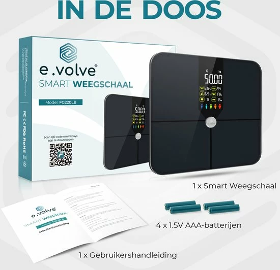 E.volve Premium Slimme Weegschaal - 16x Lichaamsanalyse O.a. Vetpercentage - Digitale Personenweegschaal Met App - Bluetooth - Inclusief Analyse App 6 E.volve Premium Slimme Weegschaal - 16x Lichaamsanalyse O.a. Vetpercentage - Digitale Personenweegschaal Met App - Bluetooth - Inclusief Analyse App - Afbeelding 4