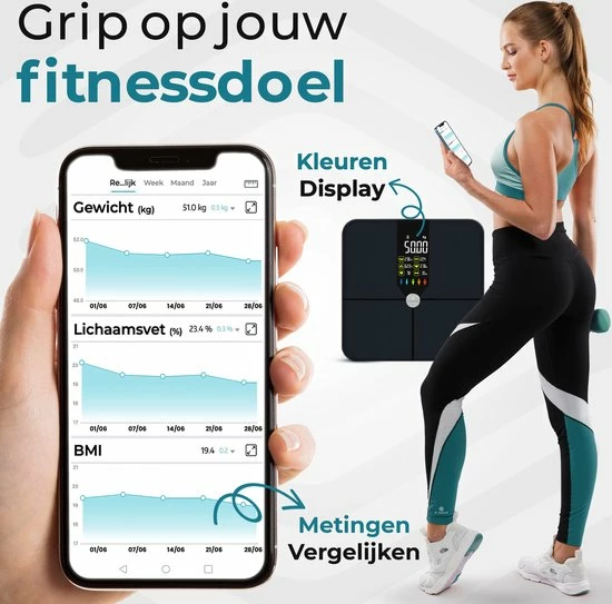 E.volve Premium Slimme Weegschaal - 16x Lichaamsanalyse O.a. Vetpercentage - Digitale Personenweegschaal Met App - Bluetooth - Inclusief Analyse App 4 E.volve Premium Slimme Weegschaal - 16x Lichaamsanalyse O.a. Vetpercentage - Digitale Personenweegschaal Met App - Bluetooth - Inclusief Analyse App - Afbeelding 2