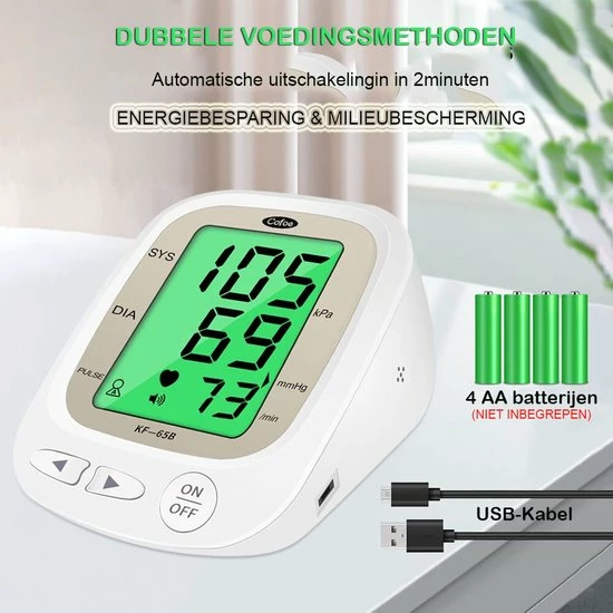 Cofoe Bloeddrukmeter - Bloeddrukmeter Bovenarm - Digitale Hartslagmeter Met Engelse Stemfunctie - 3 Kleur Lcd Monitor - Dubbele Voedingsmethoden - 4 AA-Batterijn (NIET INBEGREPEN) - Normaal Armband 23-33cm - Wit 7 Cofoe Bloeddrukmeter - Bloeddrukmeter Bovenarm - Digitale Hartslagmeter Met Engelse Stemfunctie - 3 Kleur Lcd Monitor - Dubbele Voedingsmethoden - 4 AA-Batterijn (NIET INBEGREPEN) - Normaal Armband 23-33cm - Wit - Afbeelding 5