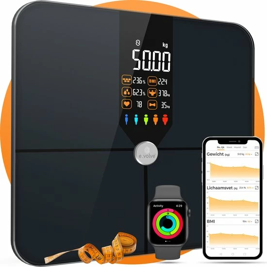 E.volve Premium Slimme Weegschaal - 16x Lichaamsanalyse O.a. Vetpercentage - Digitale Personenweegschaal Met App - Bluetooth - Inclusief Analyse App 3 E.volve Premium Slimme Weegschaal - 16x Lichaamsanalyse O.a. Vetpercentage - Digitale Personenweegschaal Met App - Bluetooth - Inclusief Analyse App
