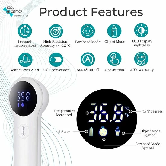 Baby Camdy France Digitale Infrarood Thermometer Voor Baby's, Kinderen En Volwassenen, 2-in-1 Temperatuur Voorhoofd, Vloeistoffen En Objecten, Onmiddellijke Leestemperatuur Zonder Contact Koortsalarm 7 Baby Camdy France Digitale Infrarood Thermometer Voor Baby's, Kinderen En Volwassenen, 2-in-1 Temperatuur Voorhoofd, Vloeistoffen En Objecten, Onmiddellijke Leestemperatuur Zonder Contact Koortsalarm - Afbeelding 5
