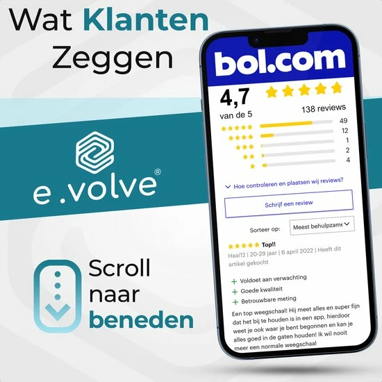 E.volve Premium Slimme Weegschaal - 16x Lichaamsanalyse O.a. Vetpercentage - Digitale Personenweegschaal Met App - Bluetooth - Inclusief Analyse App 13 E.volve Premium Slimme Weegschaal - 16x Lichaamsanalyse O.a. Vetpercentage - Digitale Personenweegschaal Met App - Bluetooth - Inclusief Analyse App - Afbeelding 11