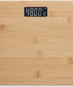 Merkloos Personenweegschaal - Badkamerweegschaal - Digitaal - Met Temperatuur In Celsius - Kilogram - KG - 180 Kilo - Bamboe - Beige