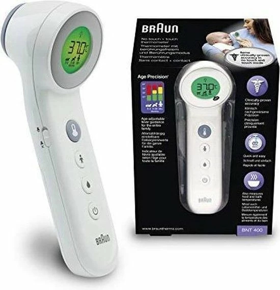 Braun 3 In 1 No Touch Thermometer BNT400 - Voorhoofd - Koorts-thermometer - Infrared Lichaamsthermomete 3 Braun 3 In 1 No Touch Thermometer BNT400 - Voorhoofd - Koorts-thermometer - Infrared Lichaamsthermomete